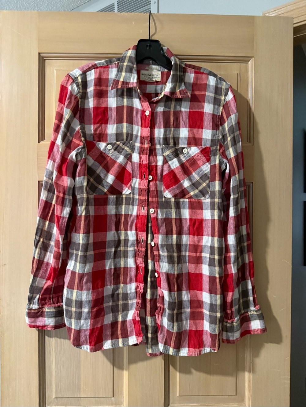 Men's Red Plaid Button-Up Shirt - Casual Long Sleeve